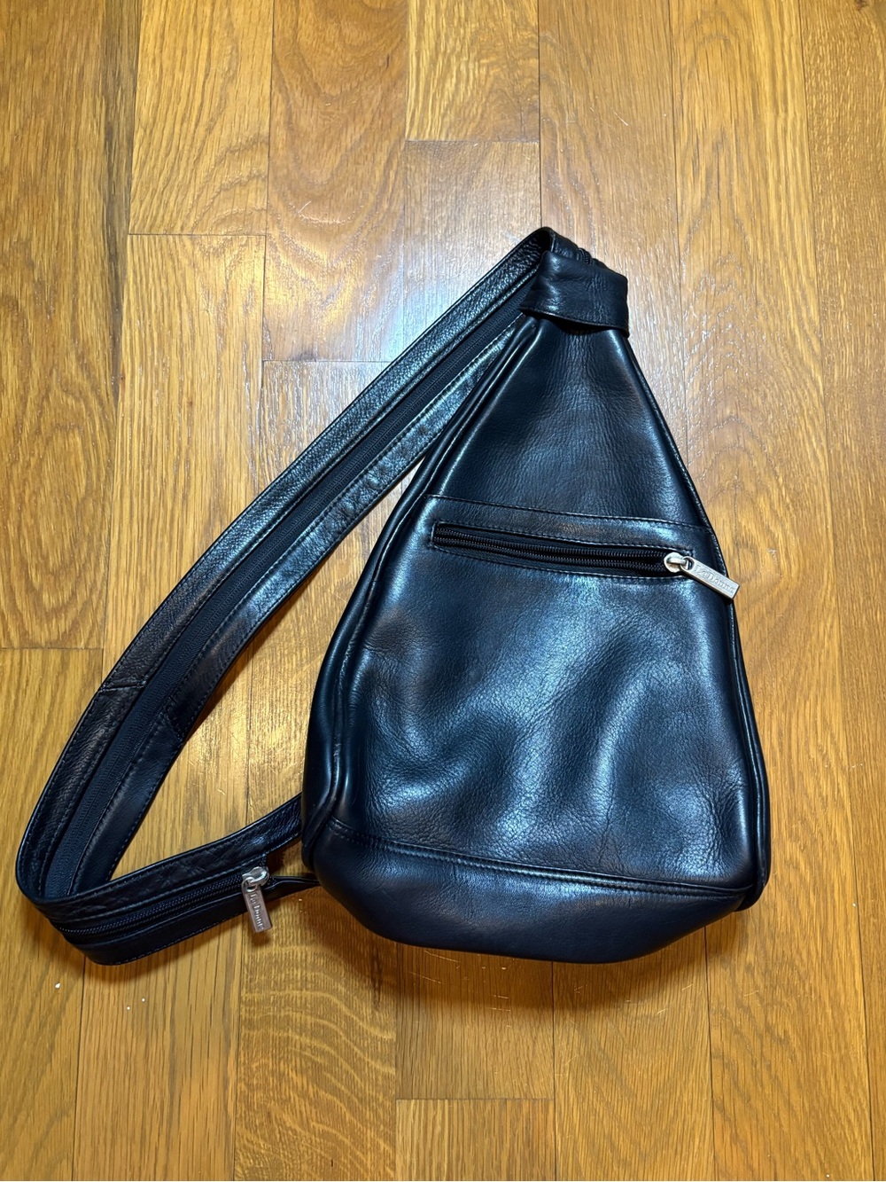 Black Leather Sling Bag with Front Zip — Unbranded